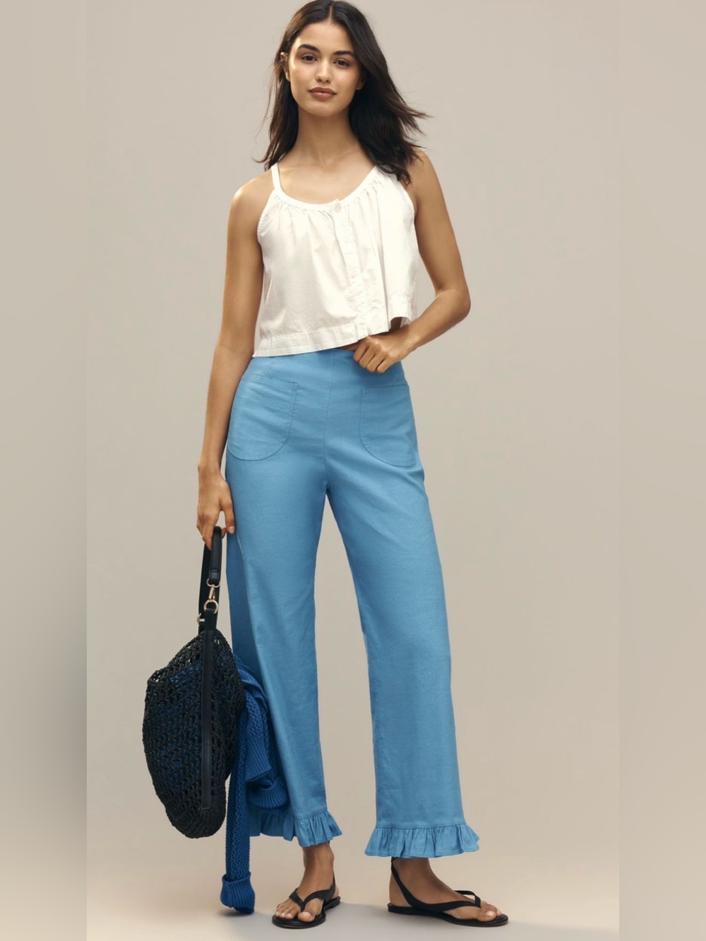 NWT Maeve Collette Ruffle Cropped High-Rise Wide-Leg Pants 30 Sky